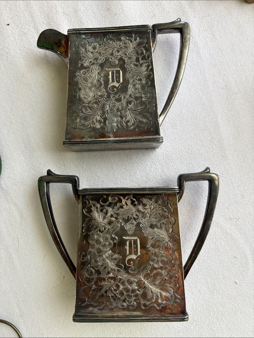Antique Vintage Monogram D Silver-plate Creamer Sugar Victorian Floral Etching